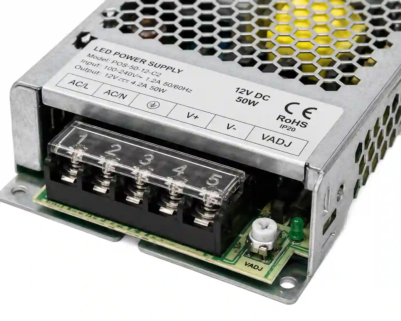 Svorkovnice LED napájecího zdroje 12V 50W — vstupy AC/L, AC/N, GND a výstupy V+, V- s trimrem VADJ